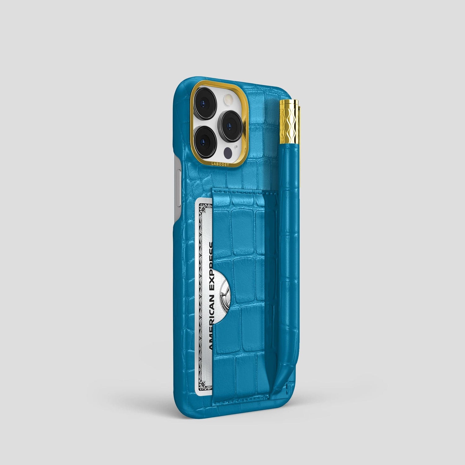 Curaçao-Blue iPhone 14 Pro Card and Pen Holder Case Alligator with Gold Metal -2 | Curaçao-Blue-Gold