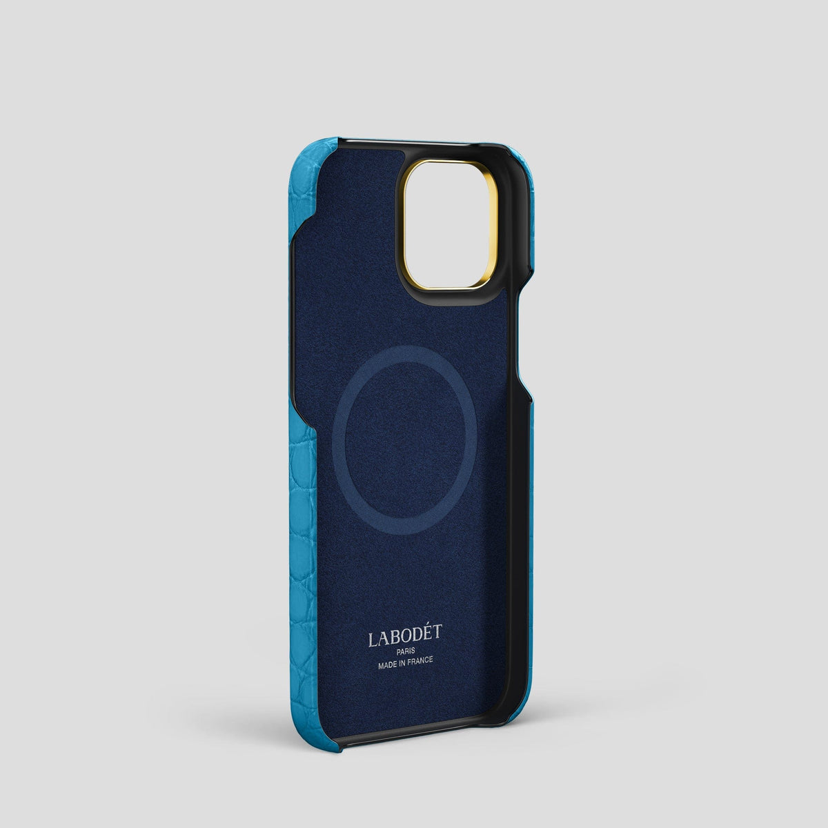 Curaçao-Blue iPhone 14 Pro Card and Pen Holder Case Alligator with Gold Metal -3 | Curaçao-Blue-Gold