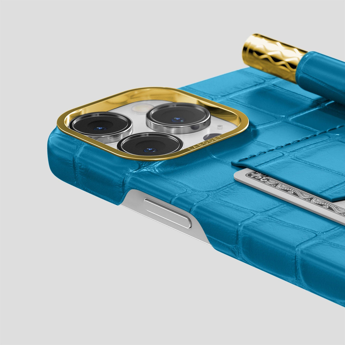 Curaçao-Blue iPhone 14 Pro Card and Pen Holder Case Alligator with Gold Metal -4 | Curaçao-Blue-Gold
