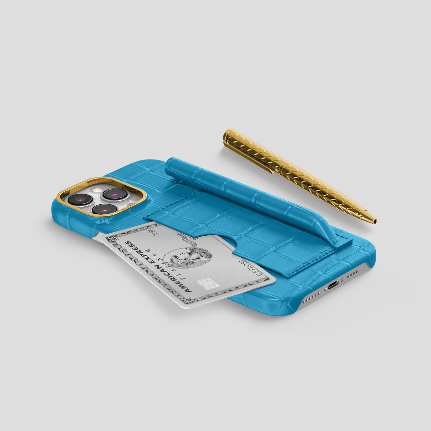 Curaçao-Blue iPhone 14 Pro Card and Pen Holder Case Alligator with Gold Metal -5 | Curaçao-Blue-Gold