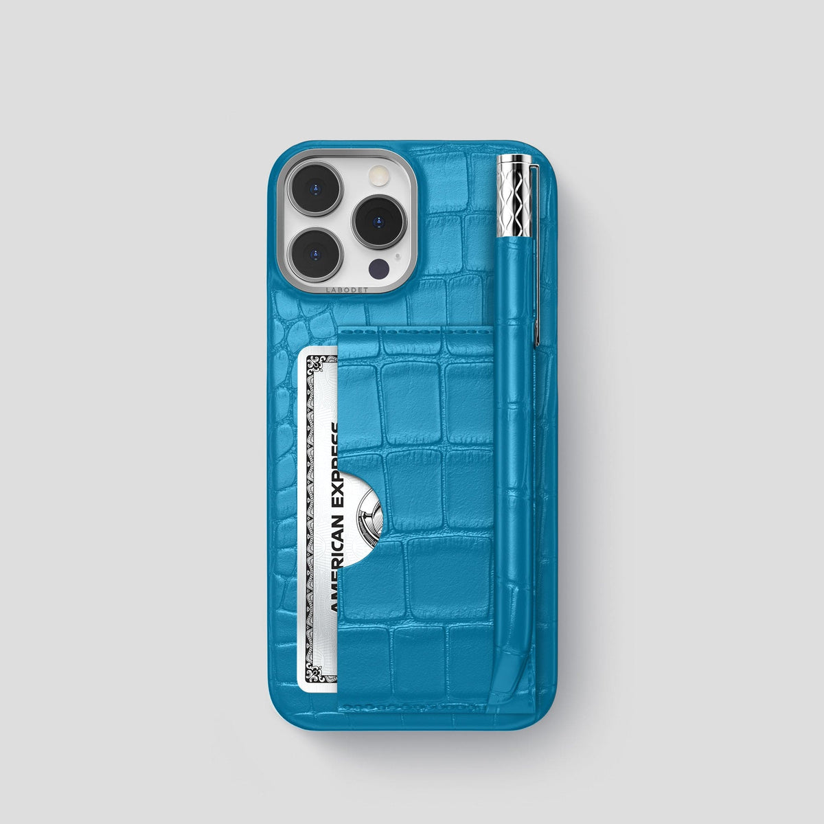 Curaçao-Blue iPhone 14 Pro Card and Pen Holder Case Alligator with Steel Metal -1 | Curaçao-Blue-Steel