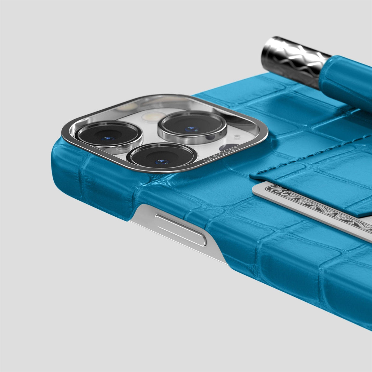Curaçao-Blue iPhone 14 Pro Card and Pen Holder Case Alligator with Steel Metal -4 | Curaçao-Blue-Steel