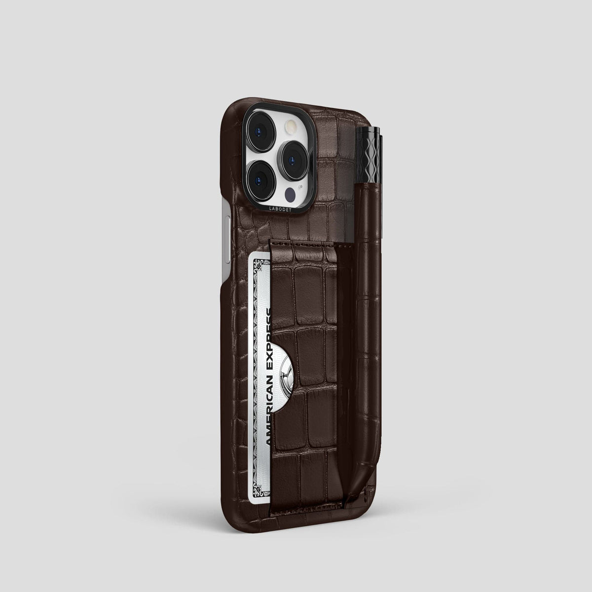 Dark Brown iPhone 14 Pro Card and Pen Holder Case Alligator with Black Metal -2 | Dark-Brown-Black