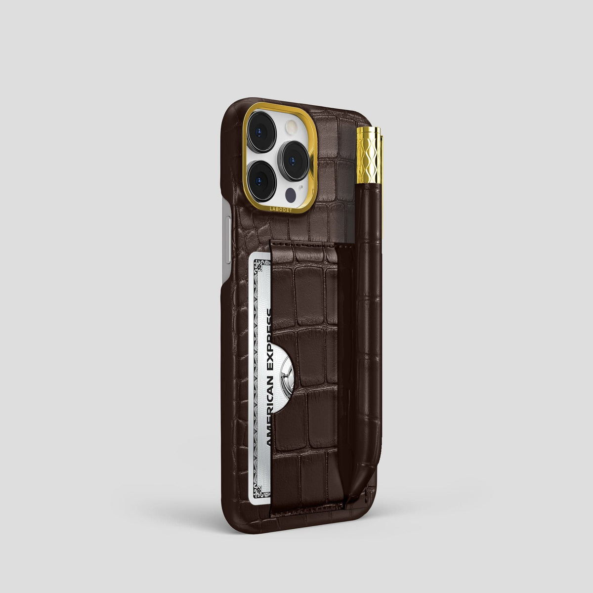 Dark Brown iPhone 14 Pro Card and Pen Holder Case Alligator with Gold Metal -2 | Dark-Brown-Gold