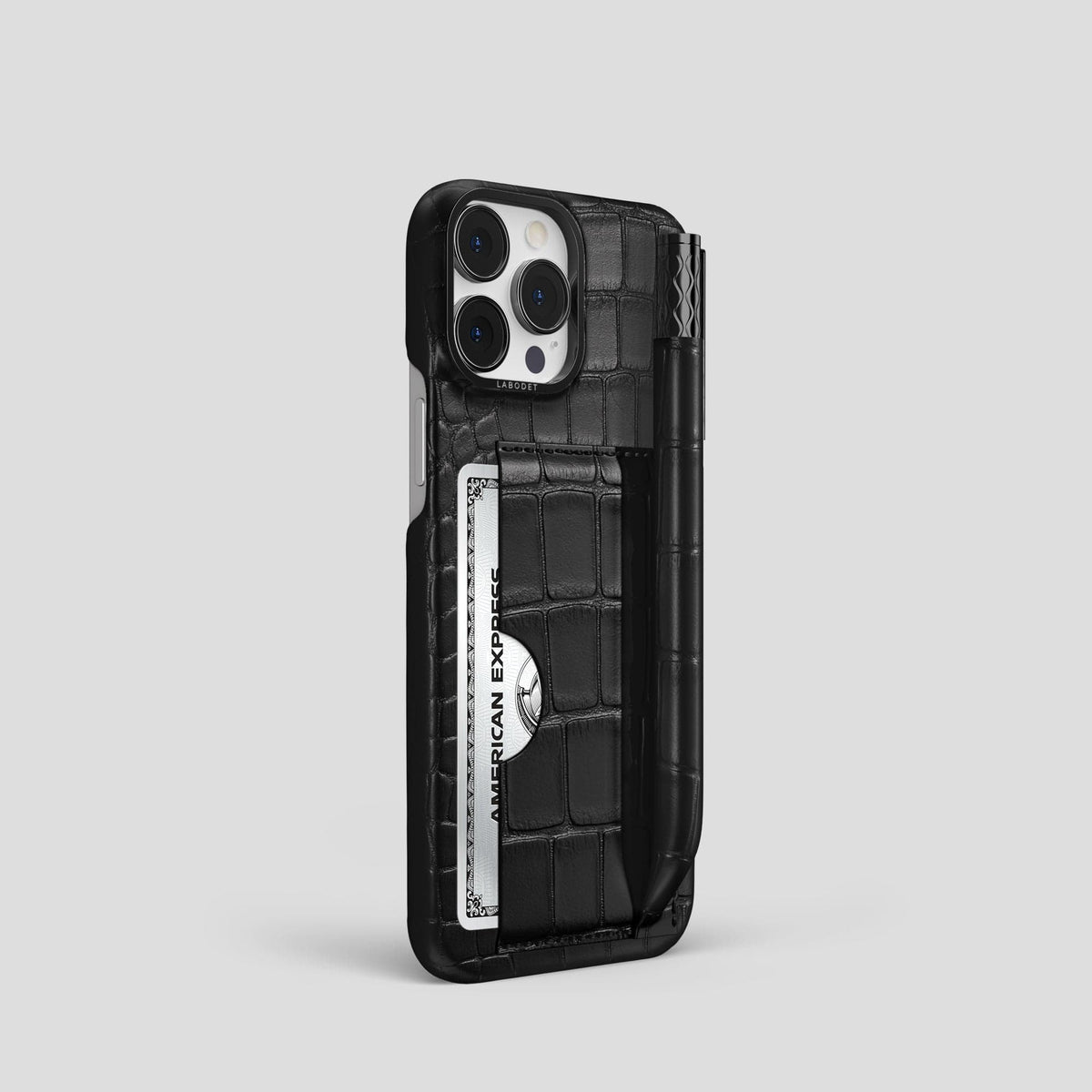 Black iPhone 14 Pro Card and Pen Holder Case Alligator with Black Metal -2 | Black-Black