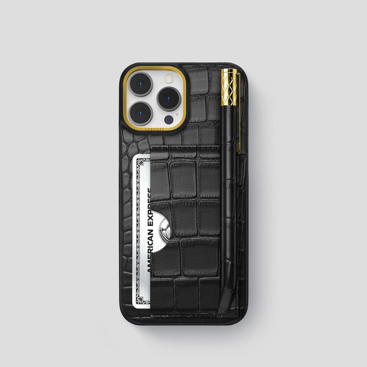 Black iPhone 14 Pro Card and Pen Holder Case Alligator with Gold Metal -1 | Black-Gold