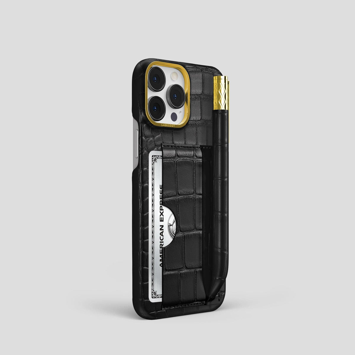 Black iPhone 14 Pro Card and Pen Holder Case Alligator with Gold Metal -2 | Black-Gold