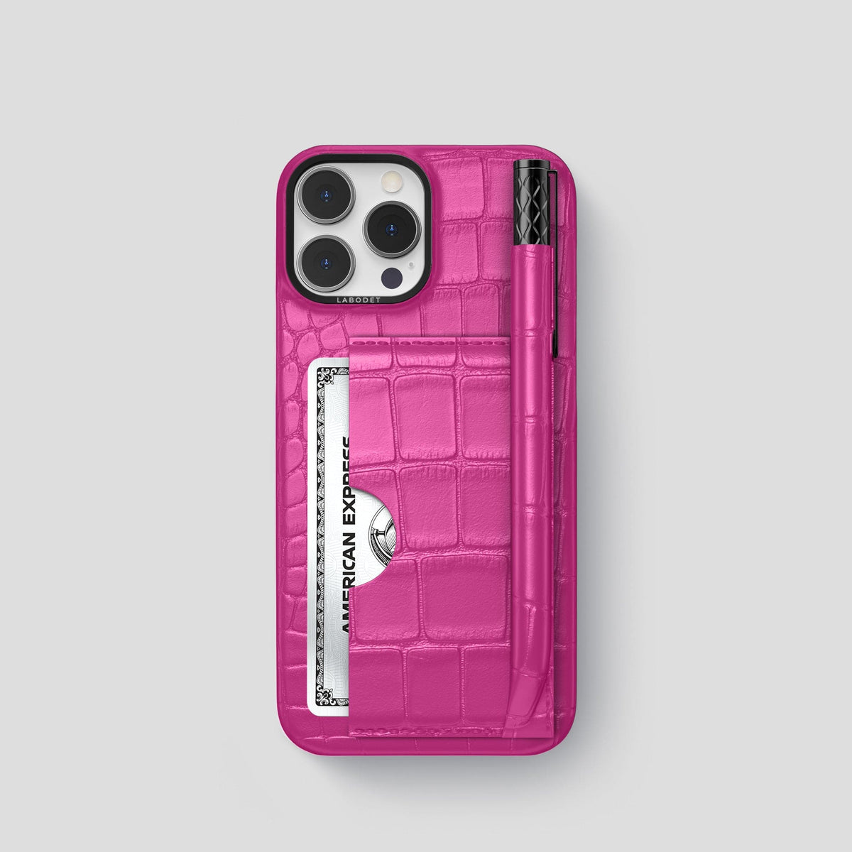 Fuchsia iPhone 14 Pro Card and Pen Holder Case Alligator with Black Metal -1 | Fuchsia-Black