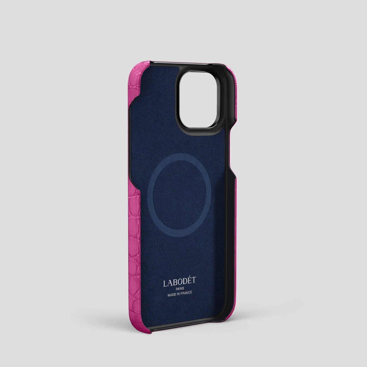 Fuchsia iPhone 14 Pro Card and Pen Holder Case Alligator with Black Metal -3 | Fuchsia-Black