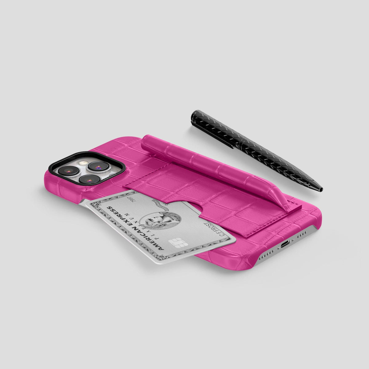 Fuchsia iPhone 14 Pro Card and Pen Holder Case Alligator with Black Metal -5 | Fuchsia-Black
