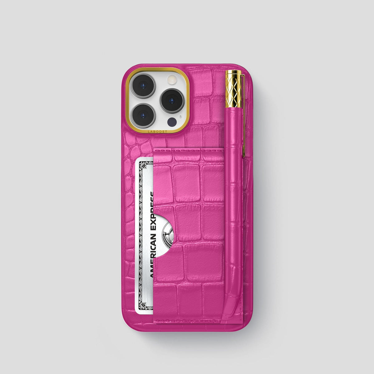 Fuchsia iPhone 14 Pro Card and Pen Holder Case Alligator with Gold Metal -1 | Fuchsia-Gold