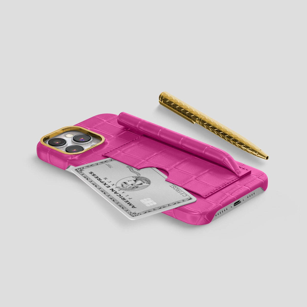 Fuchsia iPhone 14 Pro Card and Pen Holder Case Alligator with Gold Metal -5 | Fuchsia-Gold