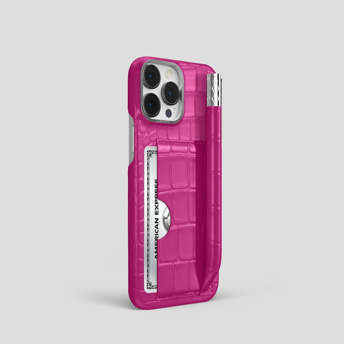 Fuchsia iPhone 14 Pro Card and Pen Holder Case Alligator with Steel Metal -2 | Fuchsia-Steel