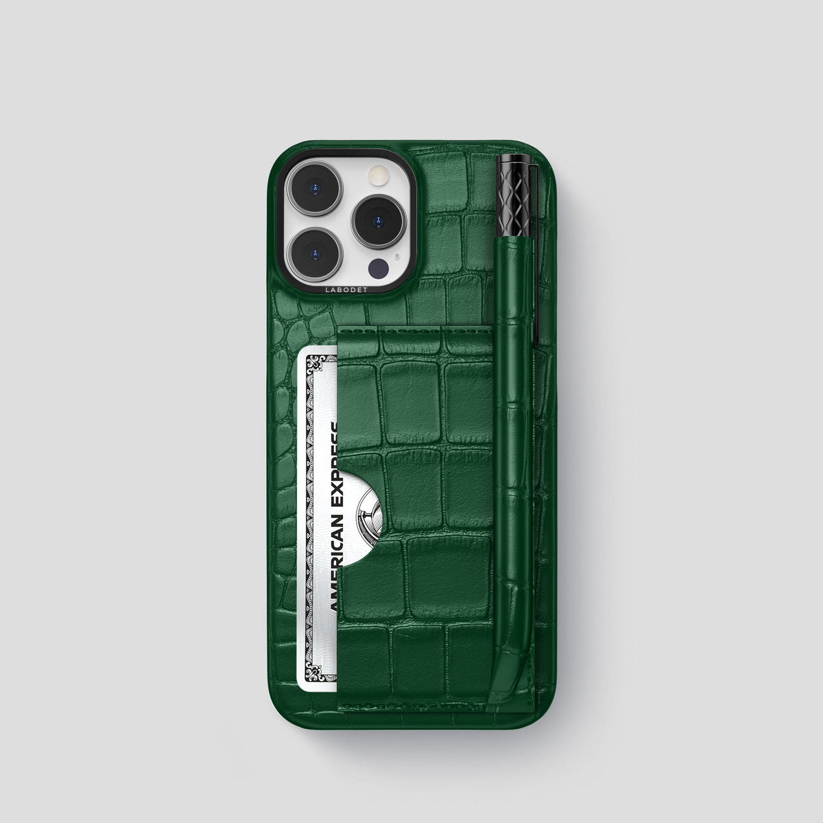 Forest-Green iPhone 14 Pro Card and Pen Holder Case Alligator with Black Metal -1 | Forest-Green-Black