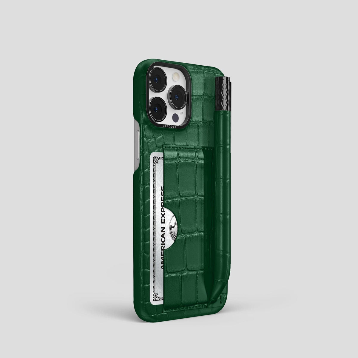 Forest-Green iPhone 14 Pro Card and Pen Holder Case Alligator with Black Metal -2 | Forest-Green-Black
