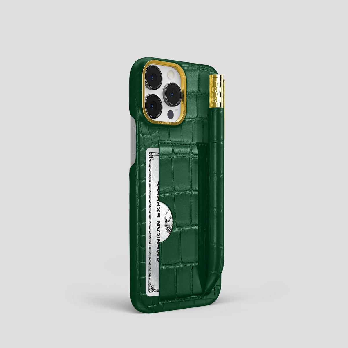 Forest-Green iPhone 14 Pro Card and Pen Holder Case Alligator with Gold Metal -2 | Forest-Green-Gold