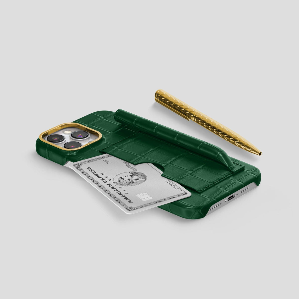 Forest-Green iPhone 14 Pro Card and Pen Holder Case Alligator with Gold Metal -5 | Forest-Green-Gold