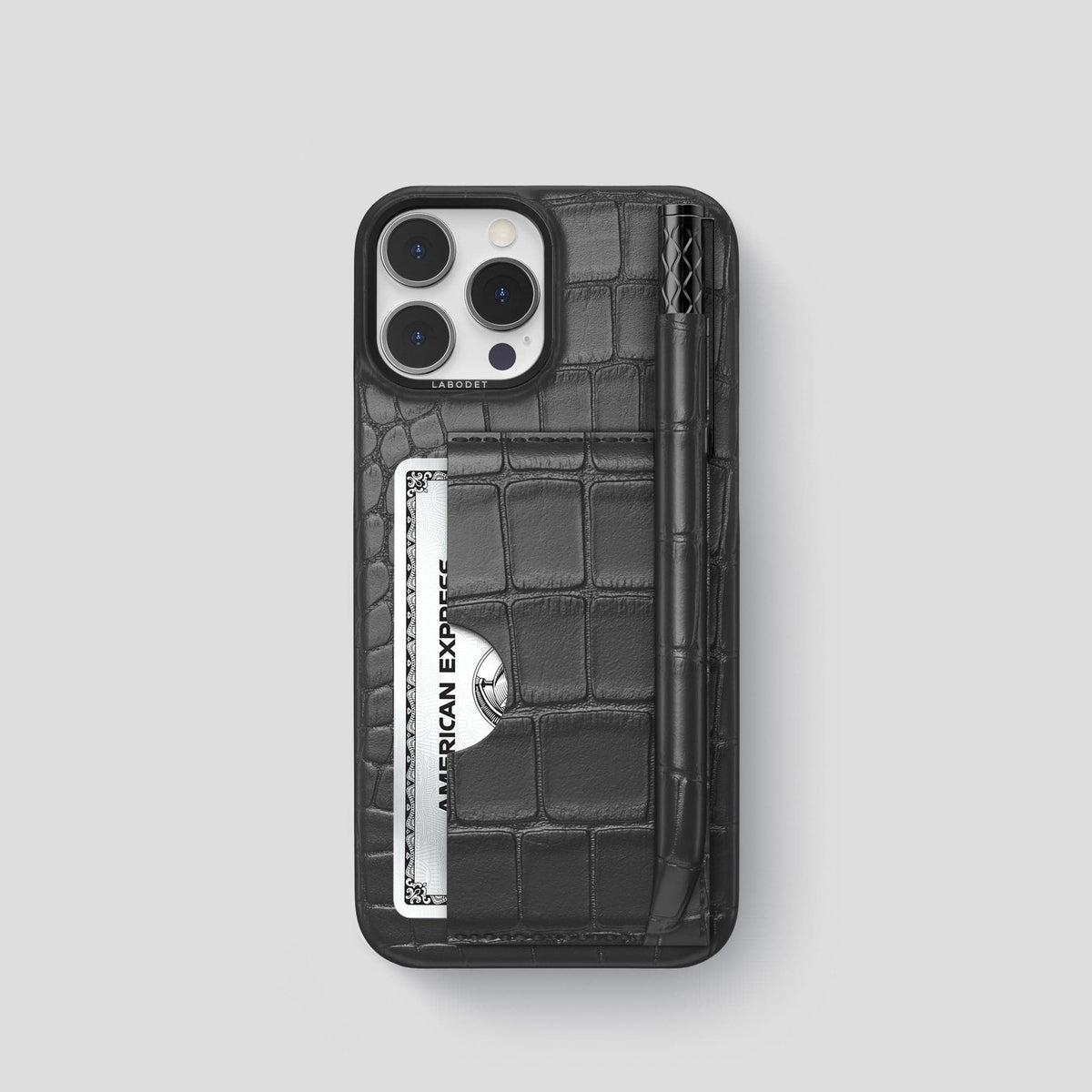 Grey iPhone 14 Pro Card and Pen Holder Case Alligator with Black Metal -1 | Grey-Black
