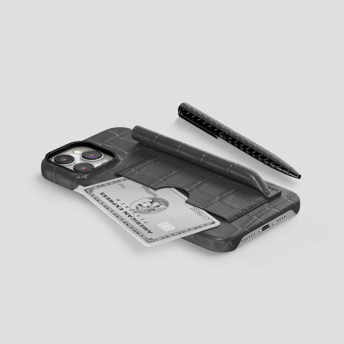 Grey iPhone 14 Pro Card and Pen Holder Case Alligator with Black Metal -5 | Grey-Black