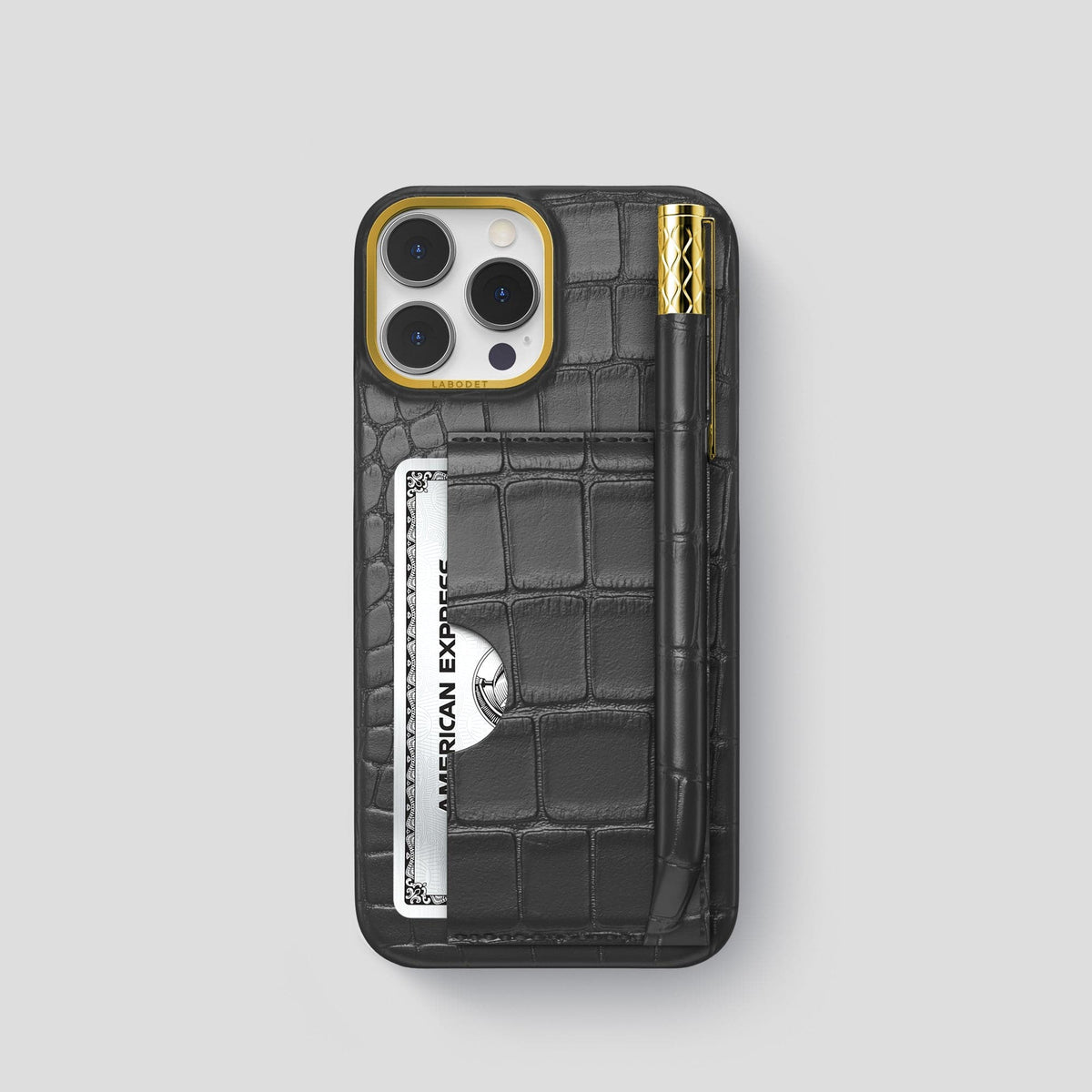 Grey iPhone 14 Pro Card and Pen Holder Case Alligator with Gold Metal -1 | Grey-Gold