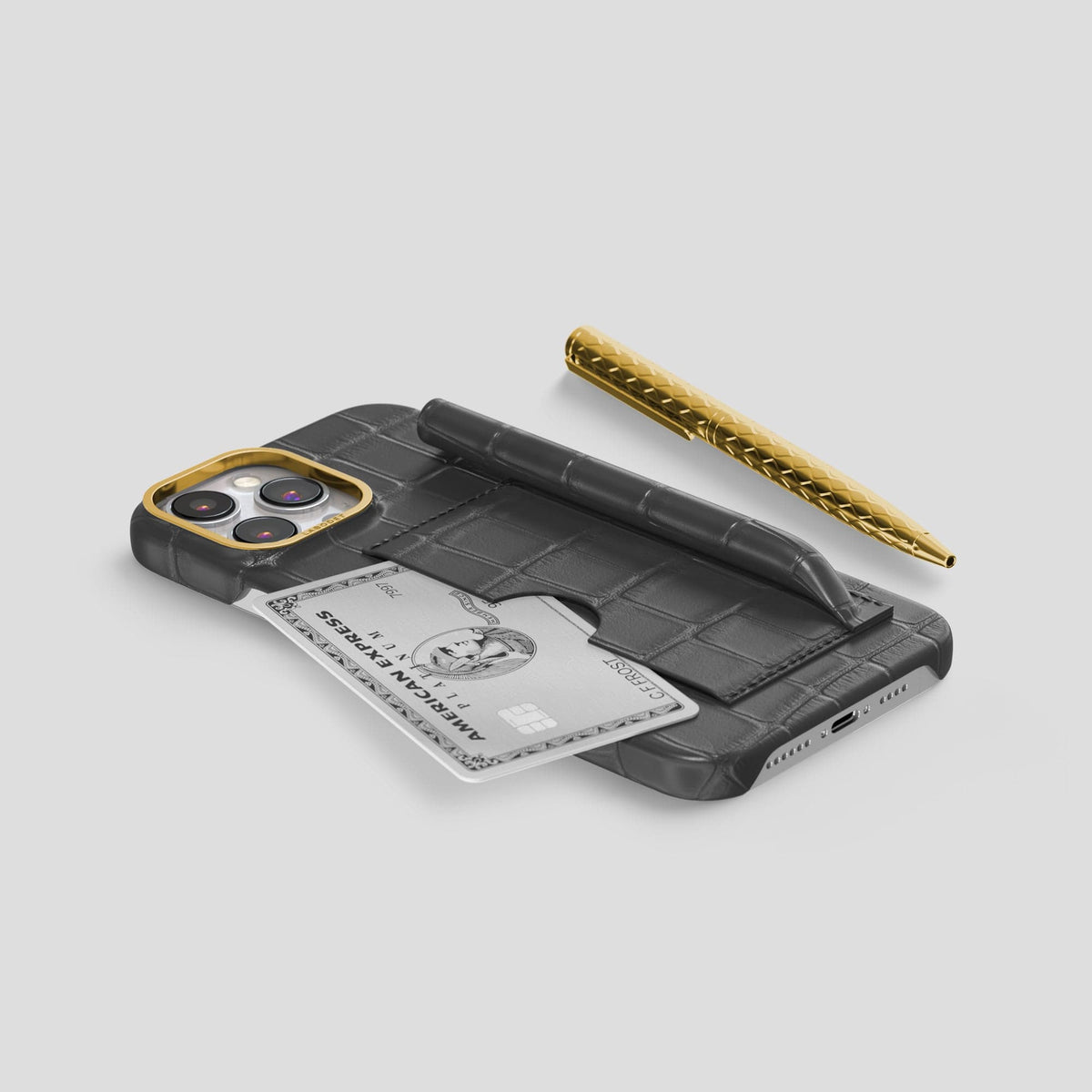Grey iPhone 14 Pro Card and Pen Holder Case Alligator with Gold Metal -5 | Grey-Gold