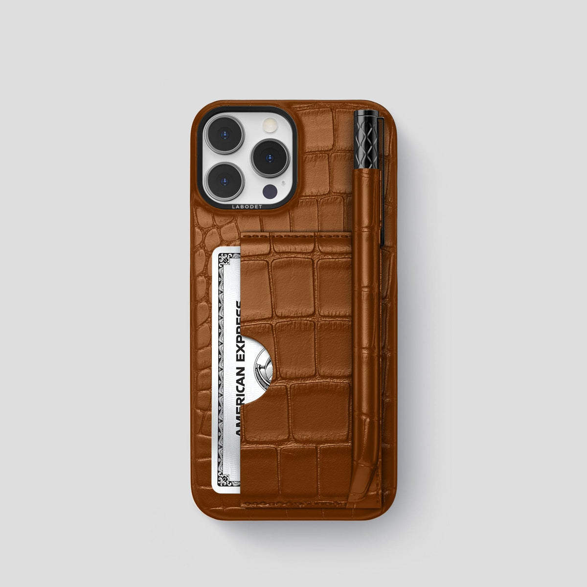 Honey iPhone 14 Pro Card and Pen Holder Case Alligator with Black Metal -1 | Honey-Black