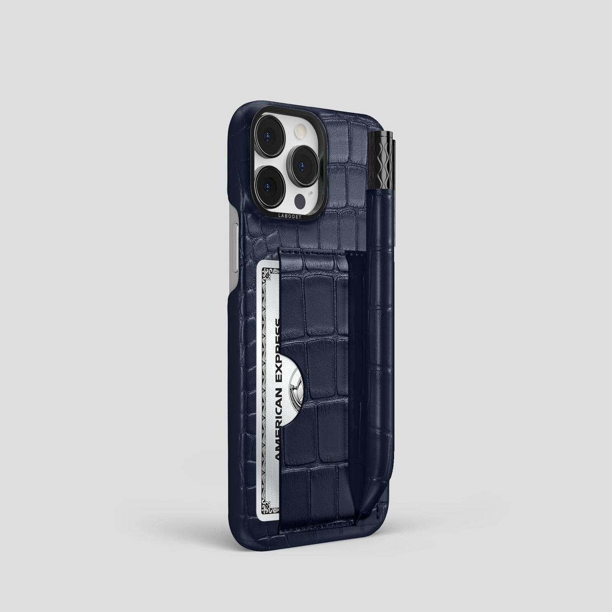 Navy Blue iPhone 14 Pro Card and Pen Holder Case Alligator with Black Metal -2 | Navy-Blue-Black