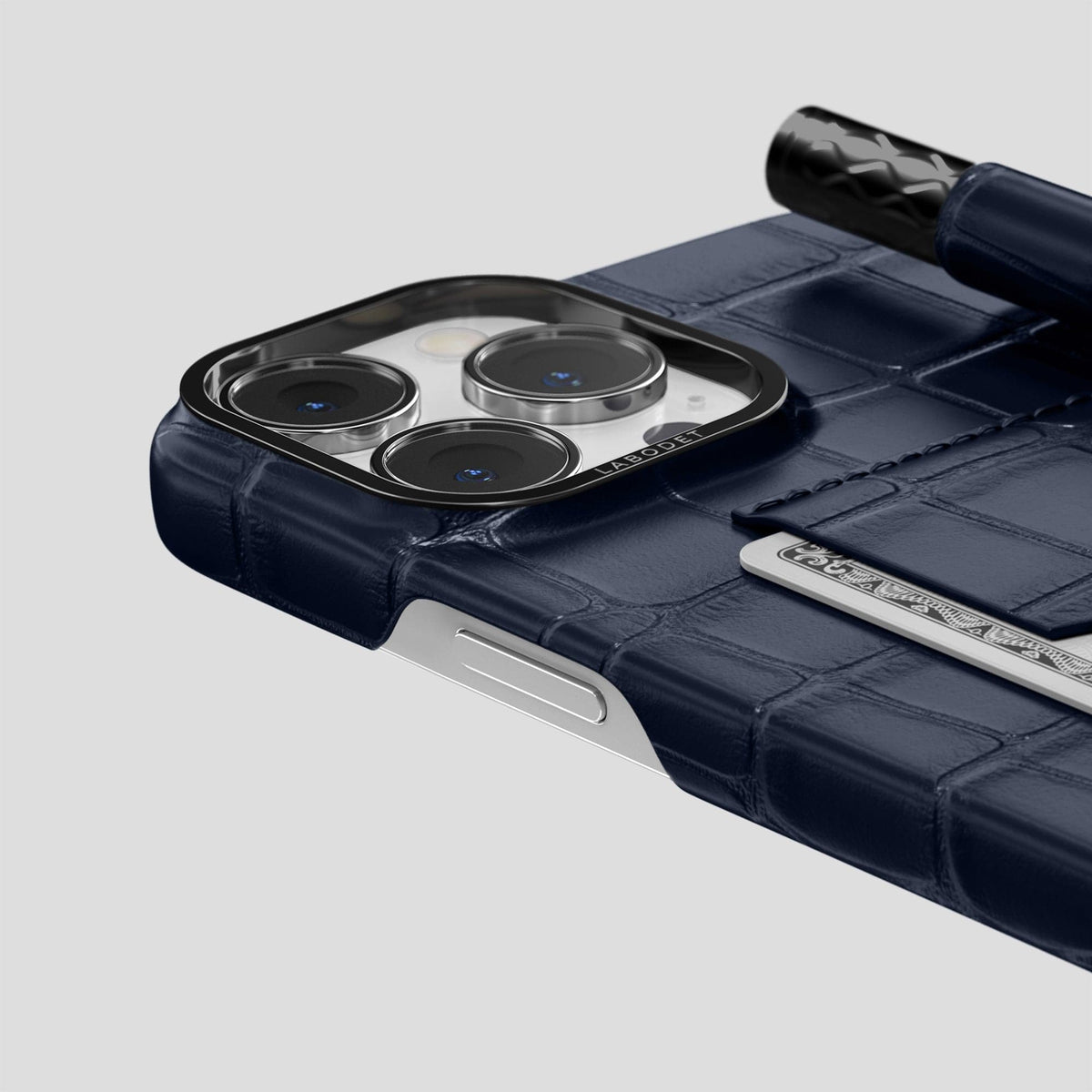 Navy Blue iPhone 14 Pro Card and Pen Holder Case Alligator with Black Metal -4 | Navy-Blue-Black