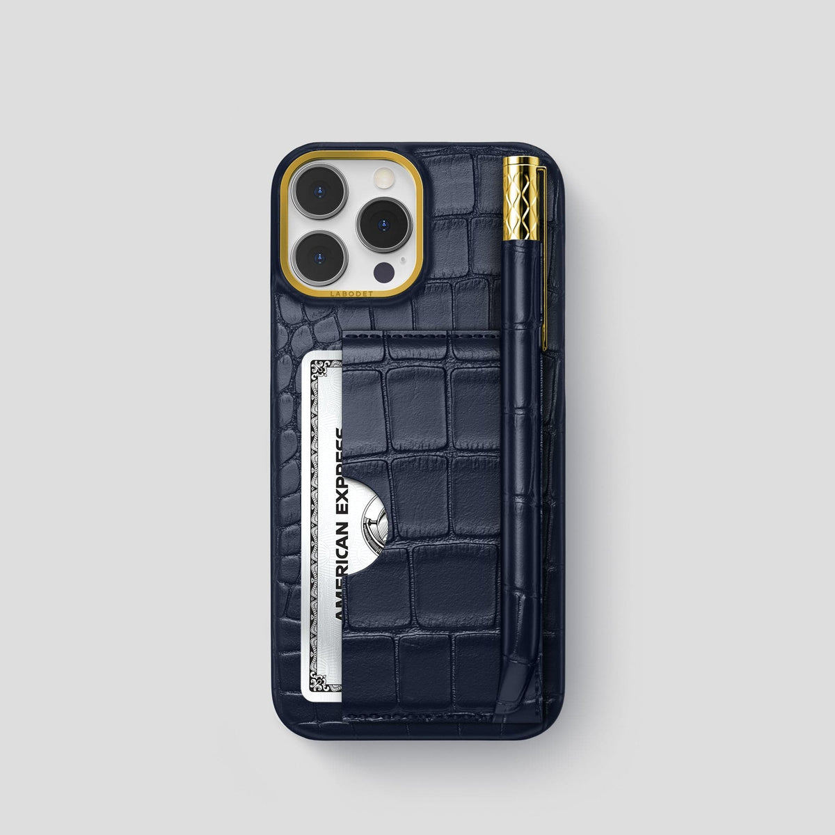 Navy Blue iPhone 14 Pro Card and Pen Holder Case Alligator with Gold Metal -1 | Navy-Blue-Gold