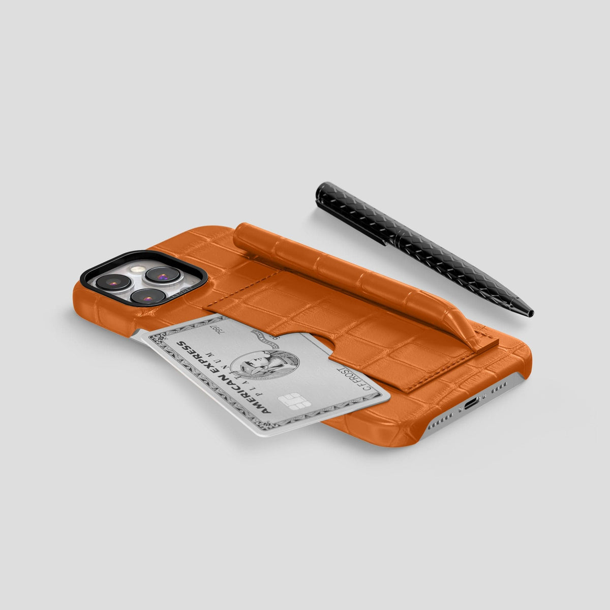 Orange iPhone 14 Pro Card and Pen Holder Case Alligator with Black Metal -5 | Orange-Black