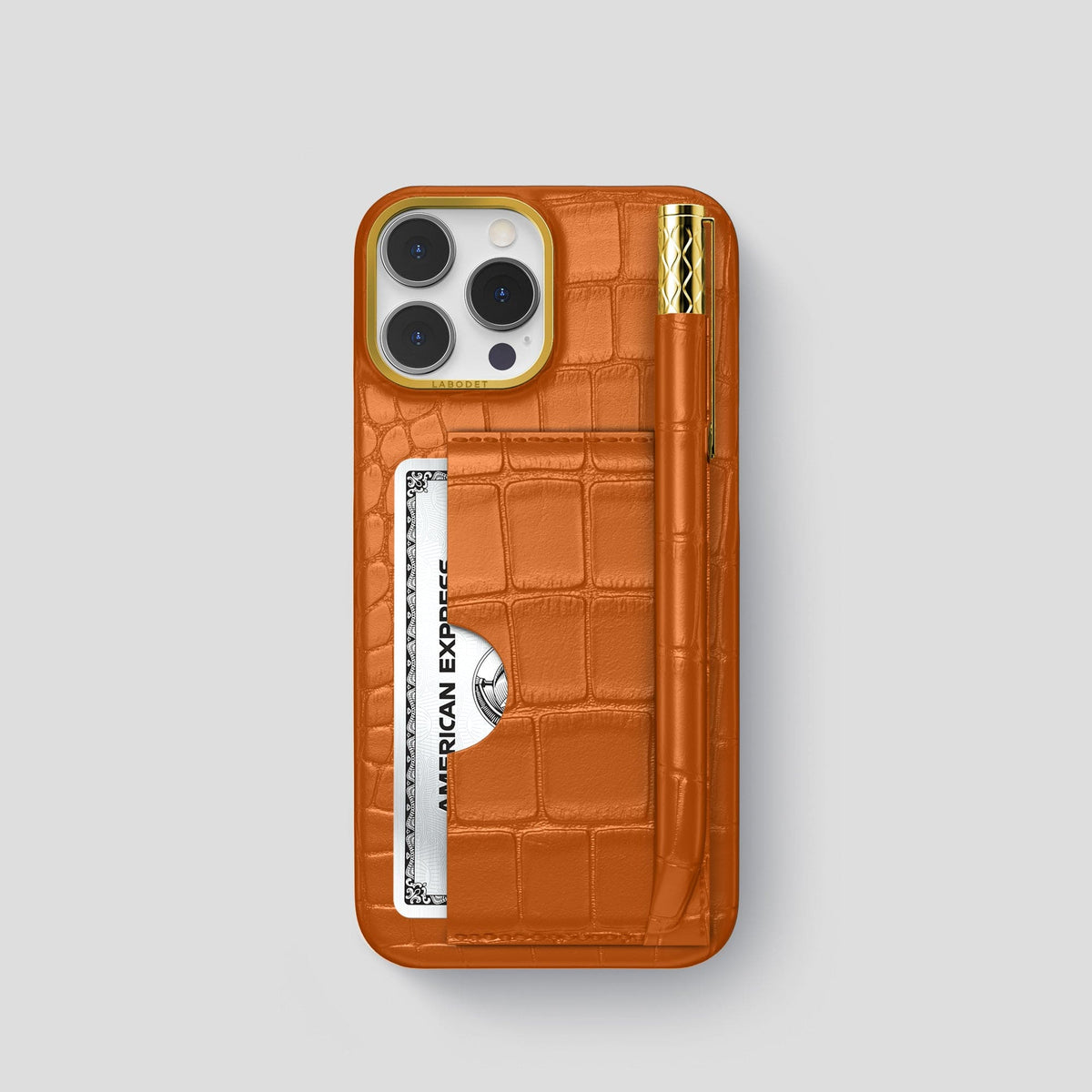 Orange iPhone 14 Pro Card and Pen Holder Case Alligator with Gold Metal -1 | Orange-Gold