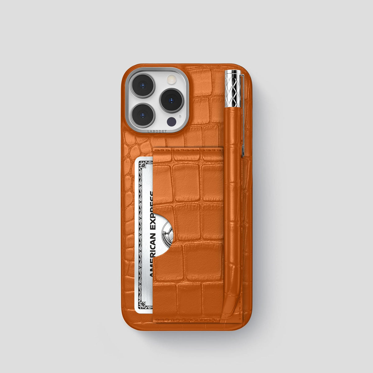 Orange iPhone 14 Pro Card and Pen Holder Case Alligator with Steel Metal -1 | Orange-Steel