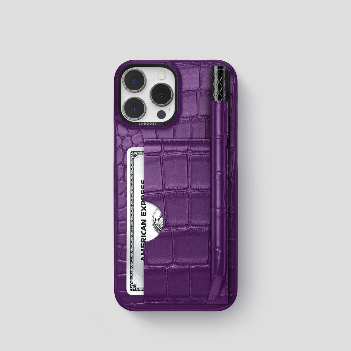 Purple iPhone 14 Pro Card and Pen Holder Case Alligator with Black Metal -1 | Purple-Black