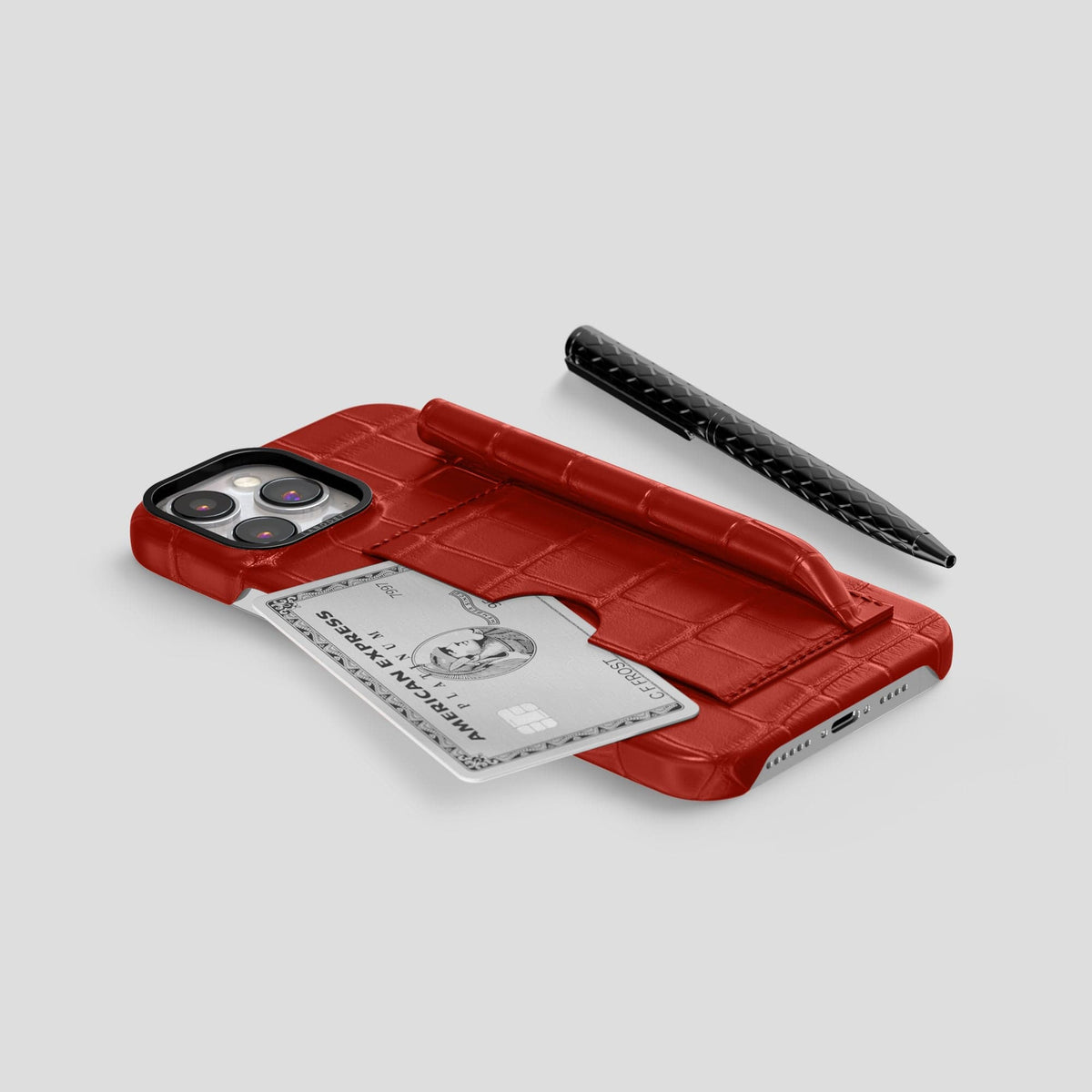 Red iPhone 14 Pro Card and Pen Holder Case Alligator with Black Metal -5 | Red-Black