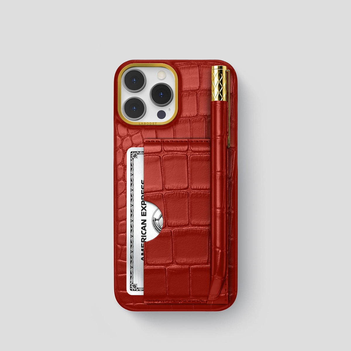 Red iPhone 14 Pro Card and Pen Holder Case Alligator with Gold Metal -1 | Red-Gold