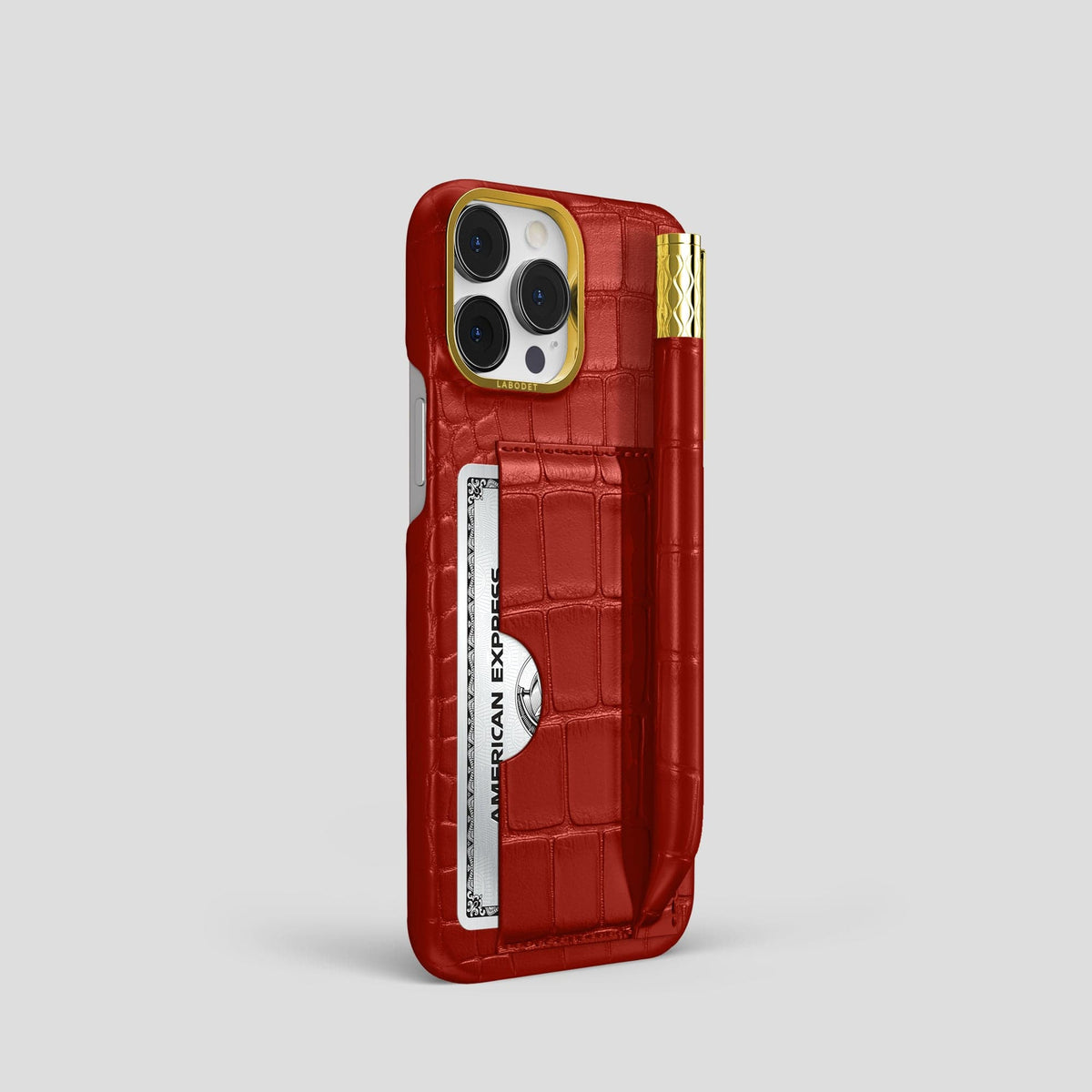 Red iPhone 14 Pro Card and Pen Holder Case Alligator with Gold Metal -2 | Red-Gold
