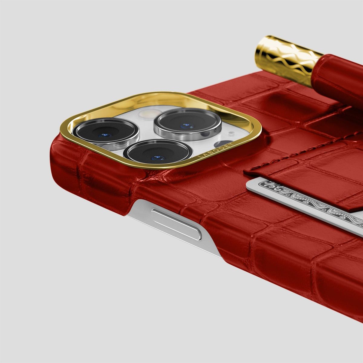 Red iPhone 14 Pro Card and Pen Holder Case Alligator with Gold Metal -4 | Red-Gold