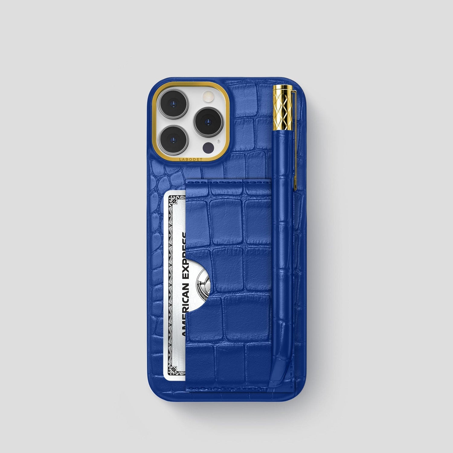 Royal Blue iPhone 14 Pro Card and Pen Holder Case Alligator with Gold Metal -1 | Royal-Blue-Gold
