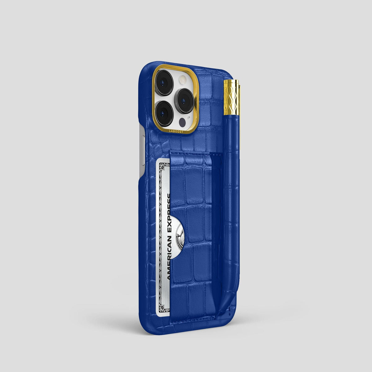 Royal Blue iPhone 14 Pro Card and Pen Holder Case Alligator with Gold Metal -2 | Royal-Blue-Gold