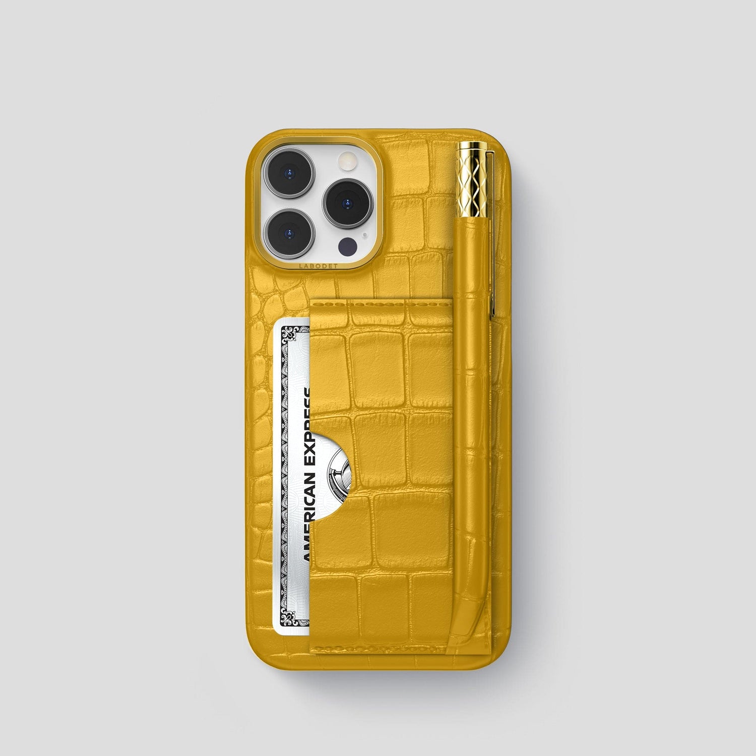 Yellow iPhone 14 Pro Card and Pen Holder Case Alligator with Gold Metal -1 | Yellow-Gold