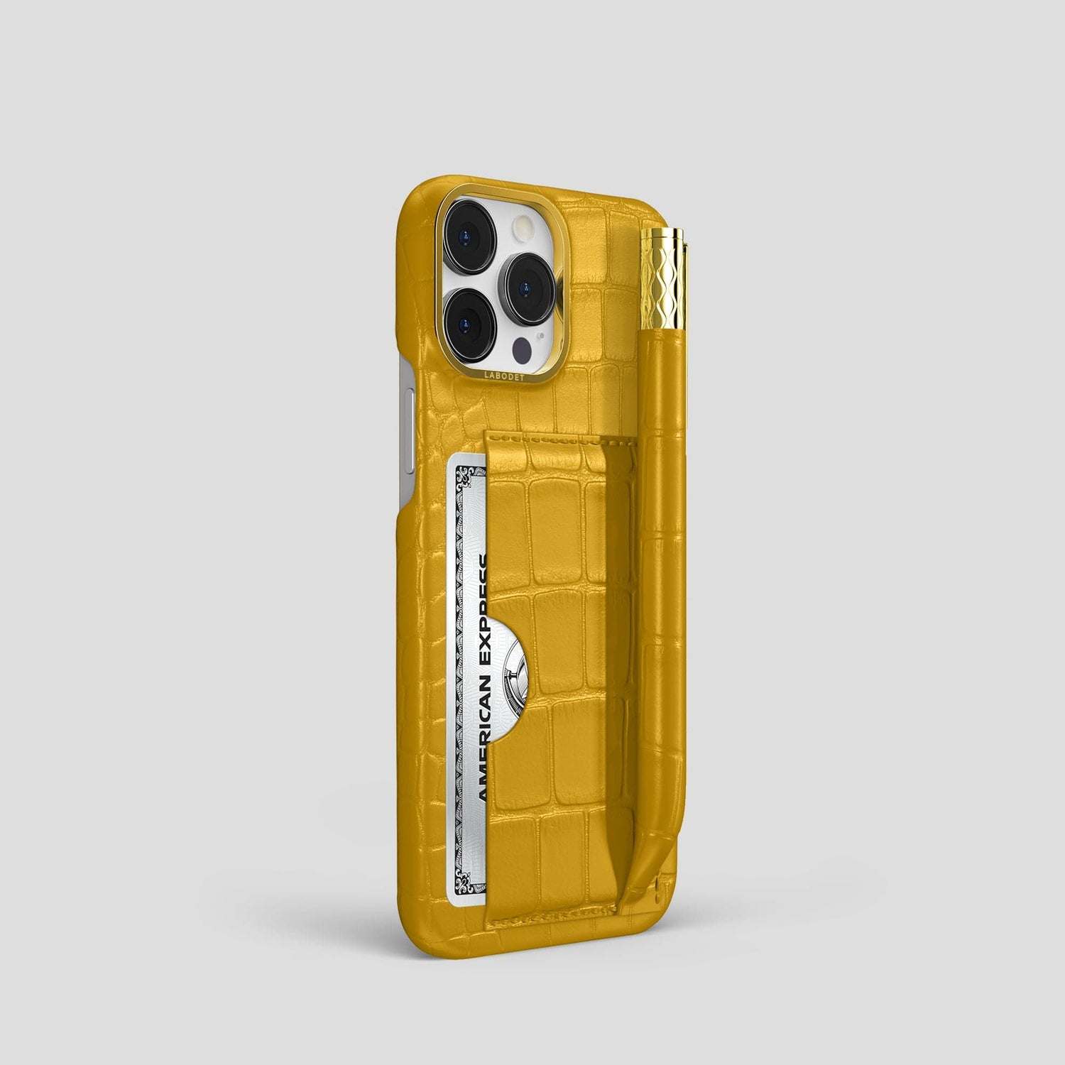 Yellow iPhone 14 Pro Card and Pen Holder Case Alligator with Gold Metal -2 | Yellow-Gold