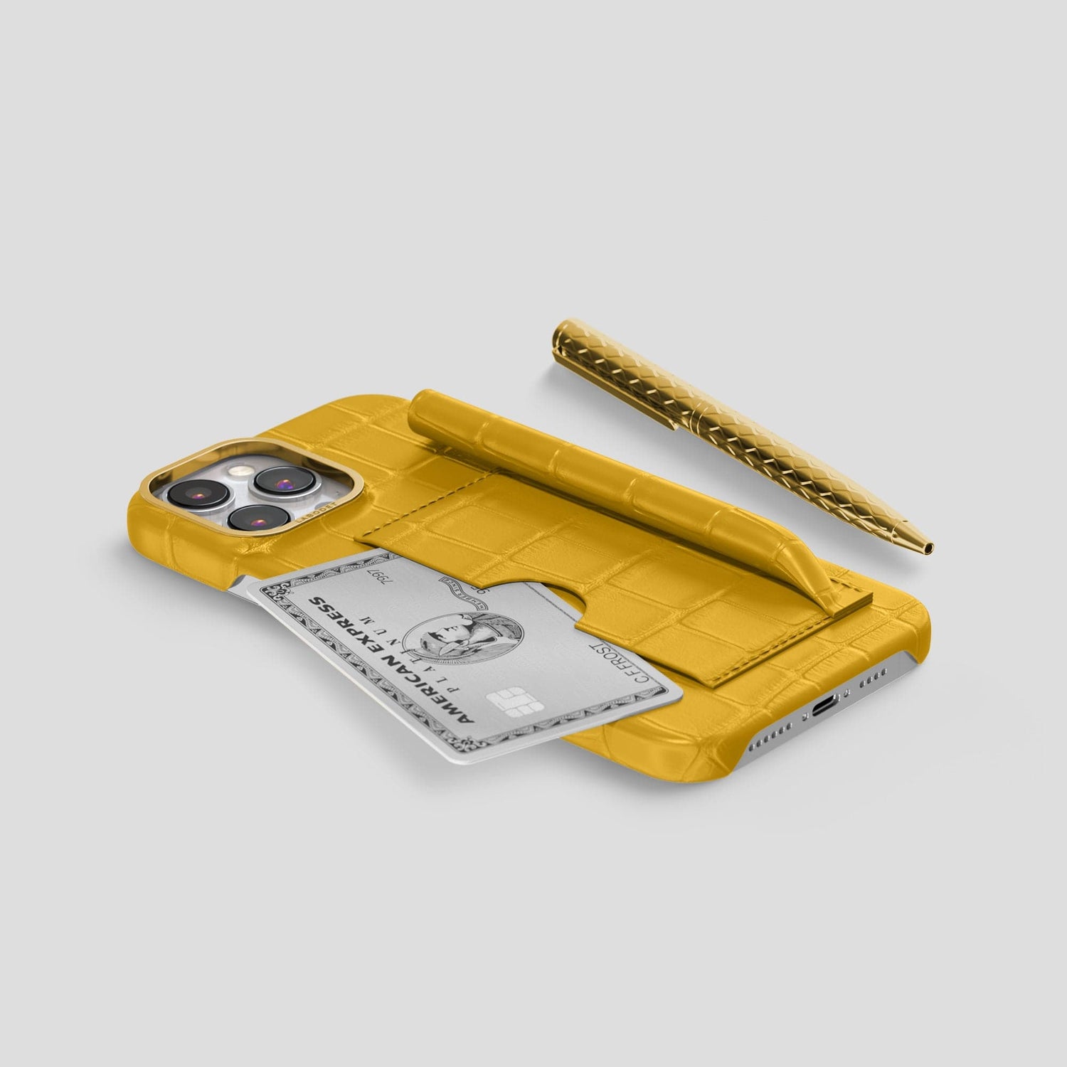Yellow iPhone 14 Pro Card and Pen Holder Case Alligator with Gold Metal -5 | Yellow-Gold