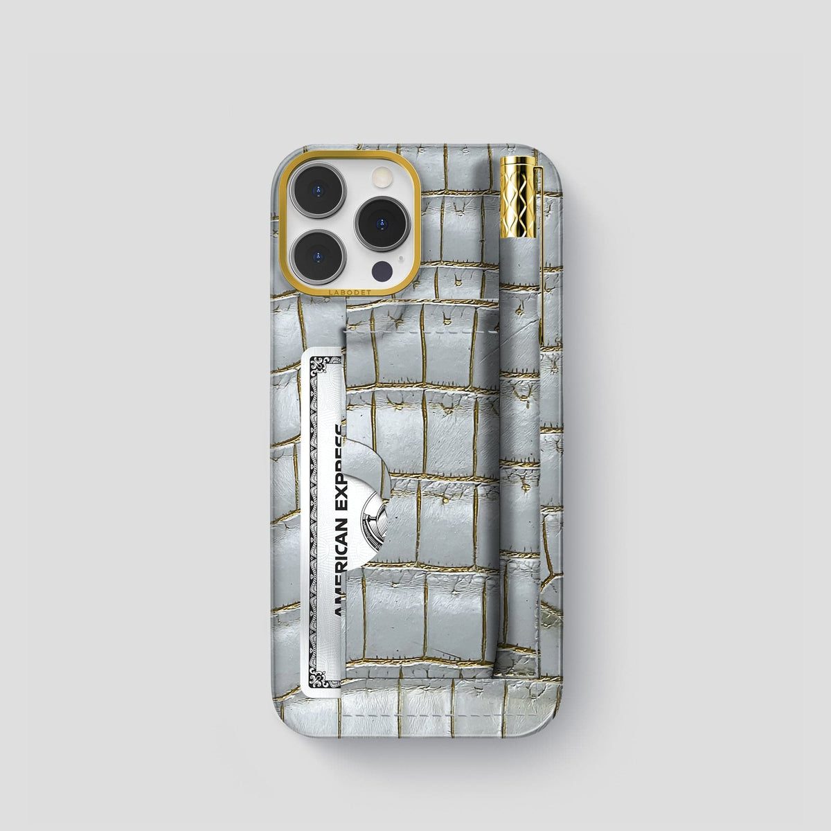 Arctic iPhone 14 Pro Card and Pen Holder Case Himalayan Crocodile with Gold Metal -1 | Arctic-Gold