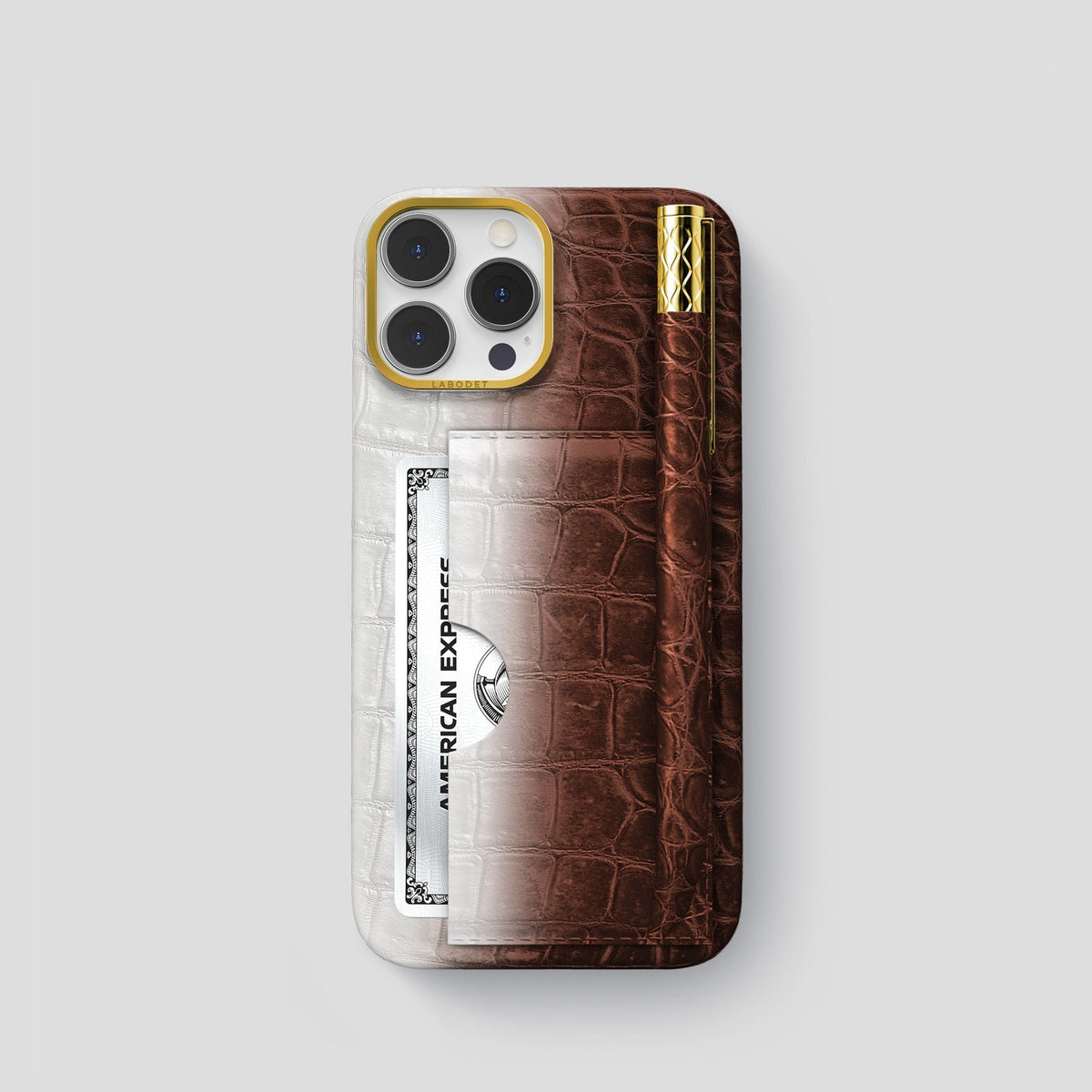 Dark Brown iPhone 14 Pro Card and Pen Holder Case Himalayan Crocodile with Gold Metal -1 | Dark-Brown-Gold
