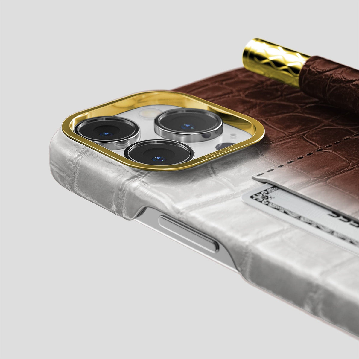 Dark Brown iPhone 14 Pro Card and Pen Holder Case Himalayan Crocodile with Gold Metal -4 | Dark-Brown-Gold