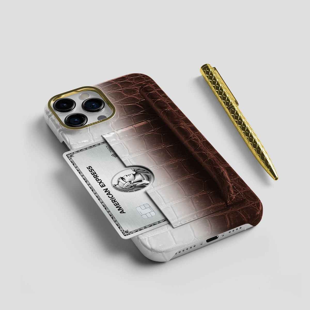 Dark Brown iPhone 14 Pro Card and Pen Holder Case Himalayan Crocodile with Gold Metal -5 | Dark-Brown-Gold