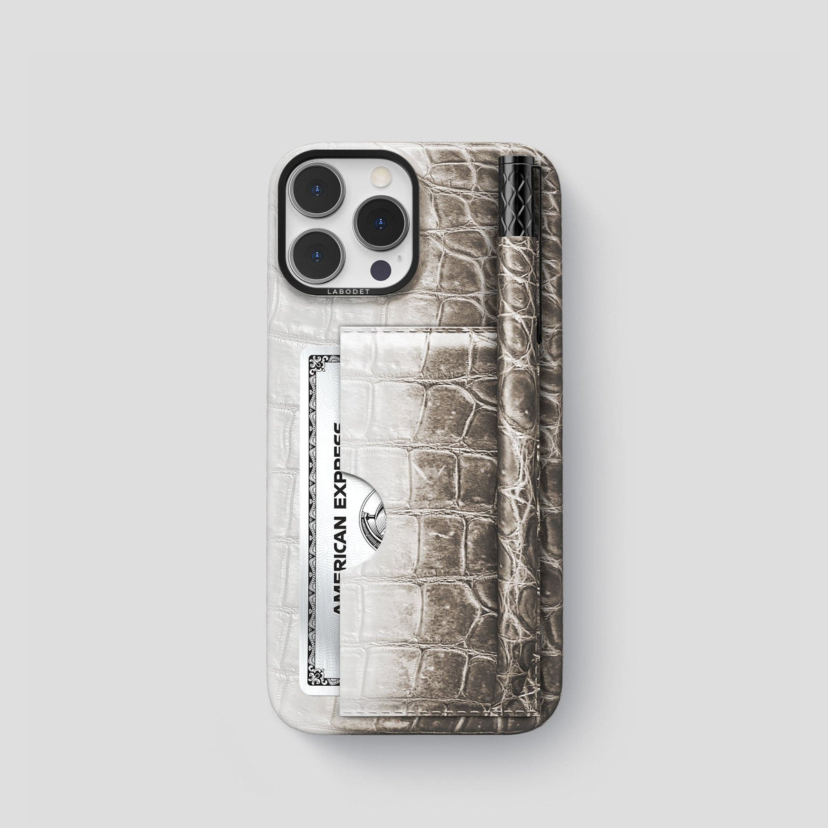 Dark iPhone 14 Pro Card and Pen Holder Case Himalayan Crocodile with Black Metal -1 | Dark-Black