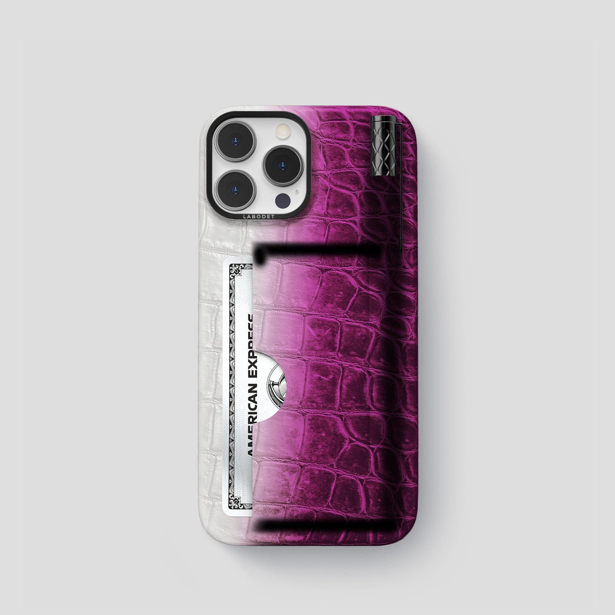 Fuchsia iPhone 14 Pro Card and Pen Holder Case Himalayan Crocodile with Black Metal -1 | Fuchsia-Black
