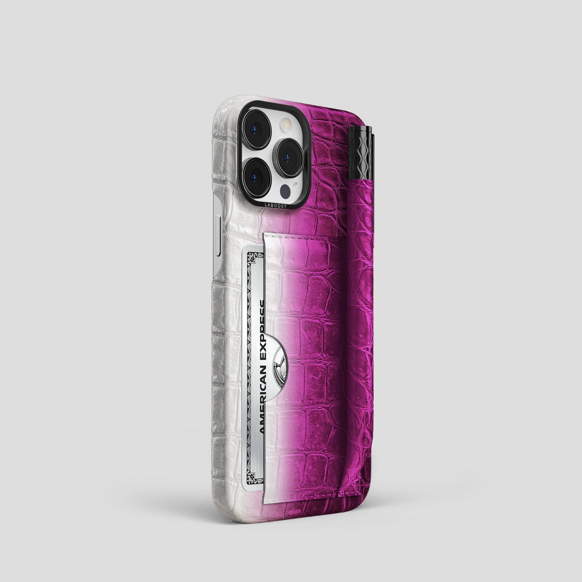 Fuchsia iPhone 14 Pro Card and Pen Holder Case Himalayan Crocodile with Black Metal -2 | Fuchsia-Black