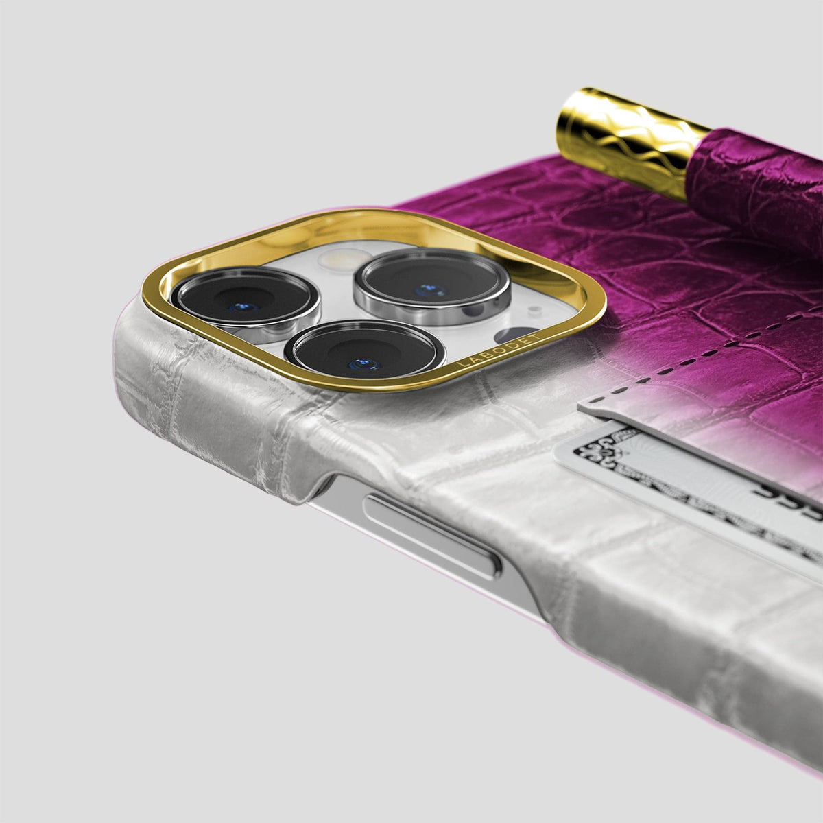 Fuchsia iPhone 14 Pro Card and Pen Holder Case Himalayan Crocodile with Gold Metal -4 | Fuchsia-Gold
